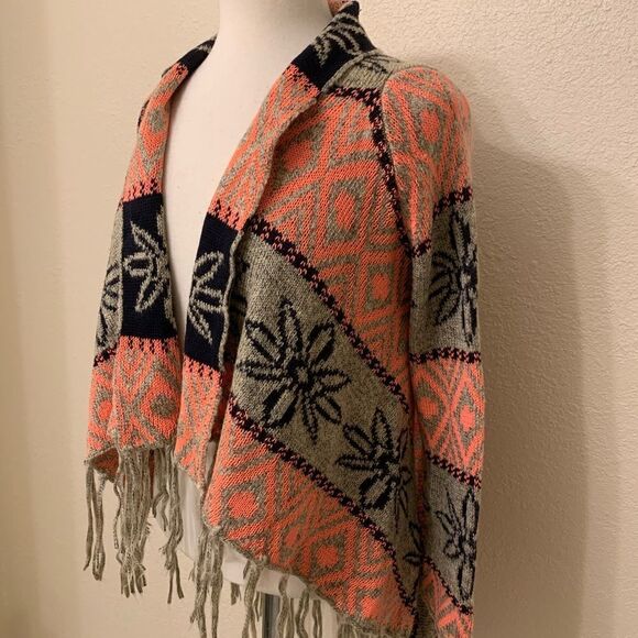 BoHo Long Sleeve Sweater Wrap/ Tangerine Gray and Black with 5” Fringe S/M - Picture 2 of 6